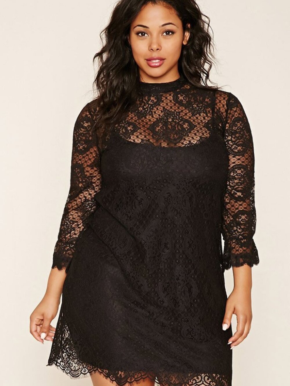 Forever 21 Plus Size Black Sheer Lace 3/4 Sleeves Dress 0X